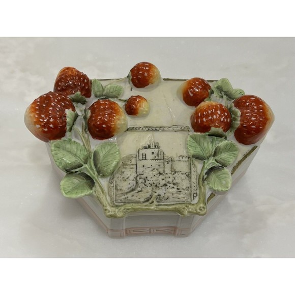Vintage Porcelain Trinket Box Strawberry Lidded 3D Fruit Castle Raised Etching R - Picture 4 of 13